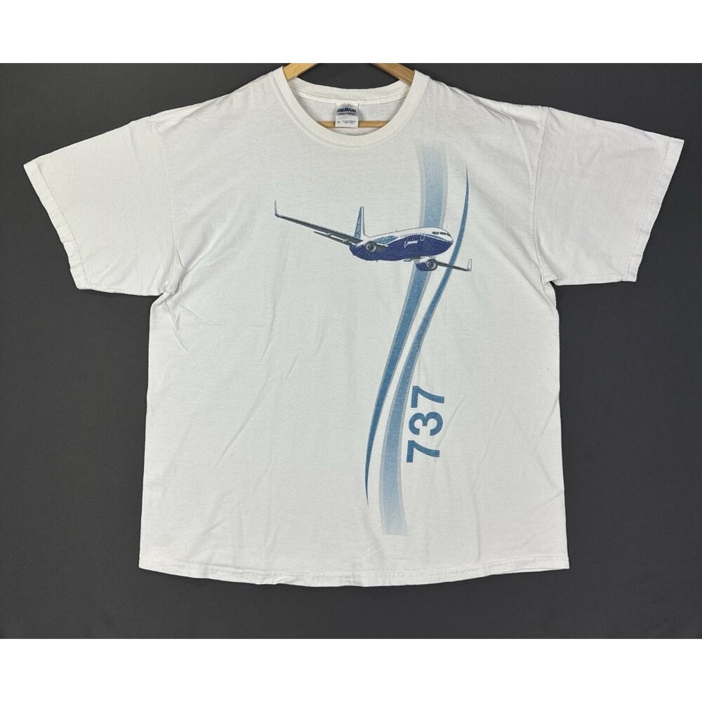 Vintage Y2K Boeing 737 Air Plane Jet Promo Pilot Art Gildan Large White Shirt